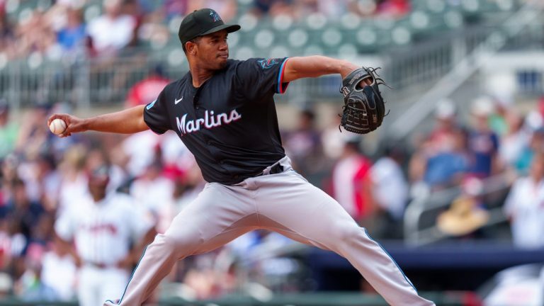 Miami Marlins pitcher Emmanuel Ramirez throws in the sixth inning of a baseball game against the Atlanta Braves, Sunday, Aug. 4, 2024, in Atlanta. (AP/Jason Allen)