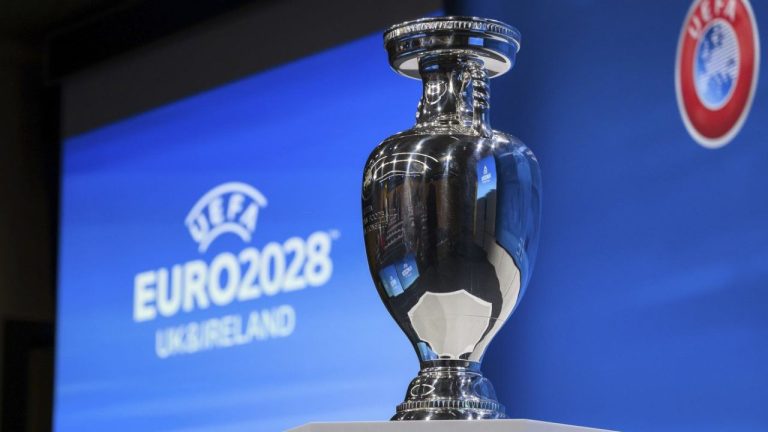 The UEFA Euro trophy is pictured after Britain and Ireland were elected to host the Euro 2028 football tournament during the the UEFA EURO 2028 and 2032 hosts announcement ceremony after the UEFA Executive Committee, at UEFA Headquarters, in Nyon, Switzerland, Oct. 10, 2023. (Jean-Christophe Bott/Keystone via AP)
