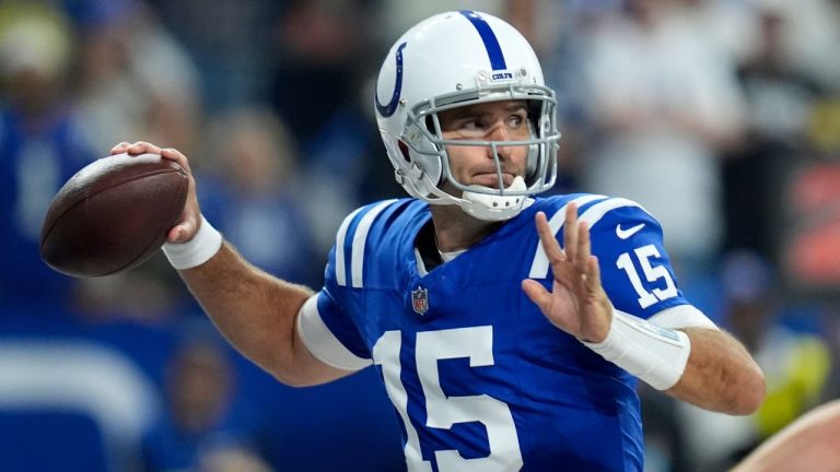 Indianapolis Colts quarterback Joe Flacco (15) throws a pass during the first half of an NFL football game against the Pittsburgh Steelers, Sunday, Sept. 29, 2024, in Indianapolis. (Michael Conroy/AP)