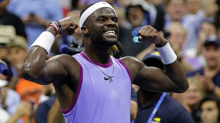 Frances Tiafoe, of the United States, reacts after defeating Alexei Popyrin, of Australia, during the fourth round of the U.S. Open tennis tournament Sunday, Sept. 1, 2024, in New York. (Adam Hunger/AP)