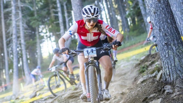 Muriel Furrer from Switzerland, in action during the UCI Cross Country Junior Women, XCO, Mountain Bike World Championship, Aug. 30, 2024, in Pal Arinsal, Andorra. (Maxime Schmid/Keystone via AP, File)