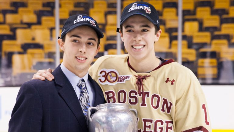 Brothers Johnny and Matthew Gaudreau, shown here as former members of the Boston College Eagles. (Richard T Gagnon/Getty Images)