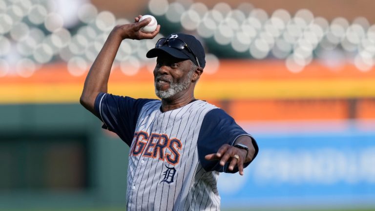 Greg Harden throws out the ceremonial first pitch before the first inning of a baseball game between the Detroit Tigers and the Kansas City Royals, Monday, June 19, 2023, in Detroit. (Carlos Osorio/AP)