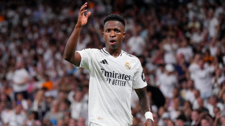 Real Madrid's Vinicius Junior gestures during the Champions League opening phase soccer match between Real Madrid and VfB Stuttgart at the Santiago Bernabeu stadium, in Madrid, Tuesday, Sept. 17, 2024. (Manu Fernandez/AP)