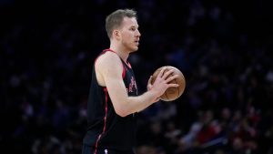 Toronto Raptors' Jakob Poeltl plays during an NBA basketball game, Friday, Dec. 22, 2023, in Philadelphia. (Matt Slocum/AP Photo)