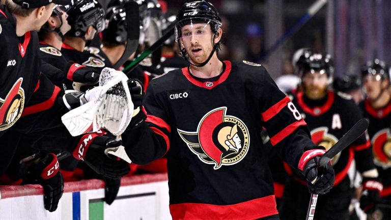 Ottawa Senators' Jake Sanderson (85) celebrates a goal against the Toronto Maple Leafs during first period NHL pre-season hockey action in Ottawa, on Tuesday, Sept. 24, 2024. THE CANADIAN PRESS/Justin Tang