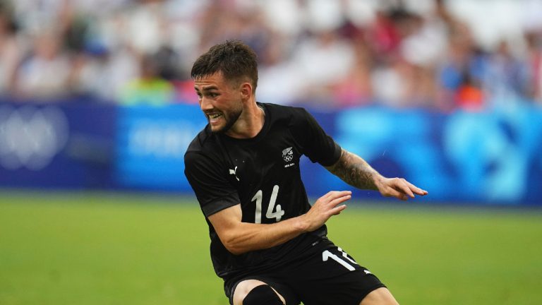 New Zealand's Jay Herdman doubles back for the ball during the men's Group A soccer match between New Zealand and the United States at the Velodrome stadium, during the 2024 Summer Olympics, Saturday, July 27, 2024, in Marseille, France. The Vancouver Whitecaps have loaned Herdman to Cavalry FC of the Canadian Premier League for the remainder of the season. (Daniel Cole/AP)