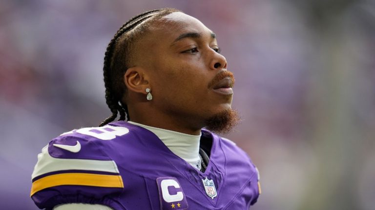 Minnesota Vikings wide receiver Justin Jefferson (18) looks on before an NFL football game against the San Francisco 49ers Sunday, Sept. 15, 2024, in Minneapolis. (Abbie Parr/AP Photo)