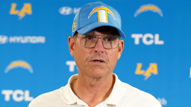 Los Angeles Chargers head coach Jim Harbaugh speaks during a news conference after an NFL football game against the Pittsburgh Steelers, Sunday, Sept. 22, 2024, in Pittsburgh. (AP Photo/Matt Freed)