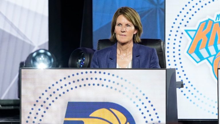 Kelly Krauskopf sits on stage during the 2022 NBA basketball Draft Lottery, May 17, 2022, in Chicago. (AP/Charles Rex Arbogast, file)