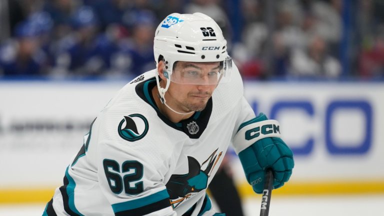 Kevin Labanc (62) against the Tampa Bay Lightning during the first period of an NHL hockey game Thursday, Oct. 26, 2023, in Tampa, Fla. (Chris O'Meara/AP)