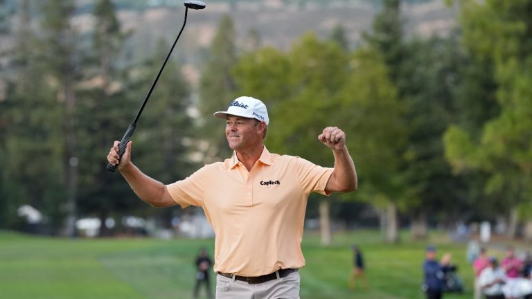 Patton Kizzire celebrates after winning the Procore Championship golf tournament at Silverado Resort North Course, Sunday, Sept. 15, 2024, in Napa, Calif. (Godofredo A. Vásquez/AP)