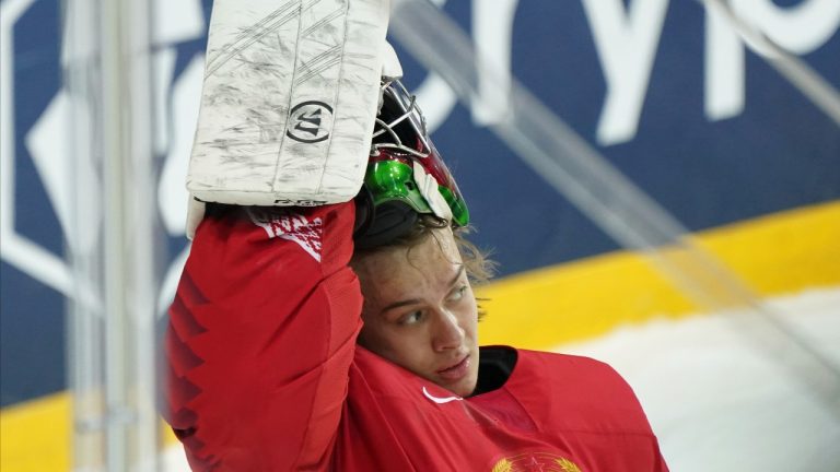 Goalie Alexei Kolosov of Belarus seen during the Ice Hockey World Championship group A match between the Belarus and Switzerland at the Olympic Sports Center in Riga, Latvia, Sunday May 30, 2021. (Roman Koksarov/AP)