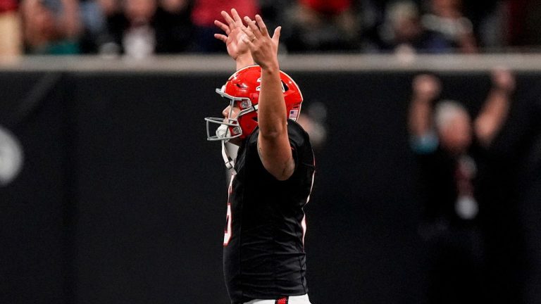 Atlanta Falcons place kicker Younghoe Koo celebrates is game-winning 58-yard-field goal against the New Orleans Saints during the second half of an NFL football game, Sunday, Sept. 29, 2024, in Atlanta. (John Bazemore/AP Photo)