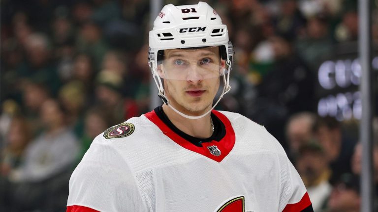 Ottawa Senators left wing Dominik Kubalik looks on during the first period of an NHL hockey game against the Minnesota Wild Tuesday, April 2, 2024, in St. Paul, Minn. (Matt Krohn/AP Photo)