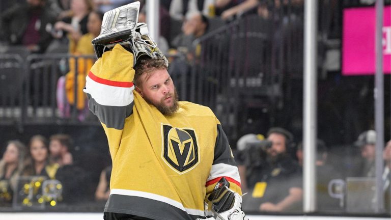 Vegas Golden Knights goaltender Robin Lehner puts his helmet on before the team's NHL game against the Washington Capitals on April 20, 2022, in Las Vegas. (Sam Morris/AP Photo)