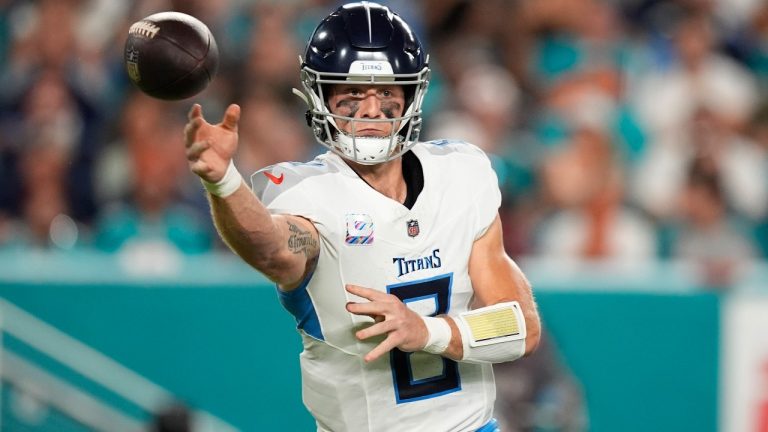 Tennessee Titans quarterback Will Levis (8) aims a pass during the first half of an NFL football game against the Miami Dolphins, Monday, Sept. 30, 2024, in Miami Gardens, Fla. (Rebecca Blackwell/AP)