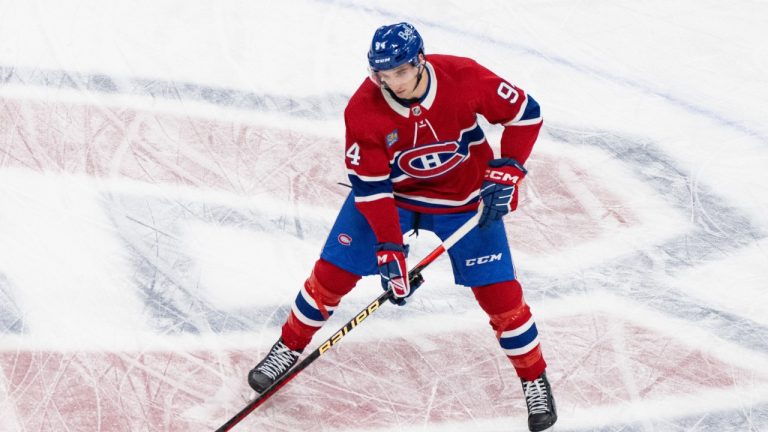 Montreal Canadiens' Logan Mailloux (94) warms up for his debut NHL game against the Detroit Red Wings in Montreal on Tuesday, April 16, 2024. (CP/Christinne Muschi)