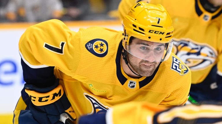 Nashville Predators defenceman Marc Del Gaizo (7) plays against the Detroit Red Wings during the first period of an NHL hockey game Saturday, March 23, 2024, in Nashville, Tenn. (Mark Zaleski/AP)