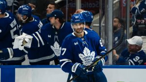 Max Pacioretty makes a face after scoring against the Ottawa Senators during third period NHL pre-season hockey action in Toronto, on Sunday, September 22, 2024. (Paige Taylor White/CP)