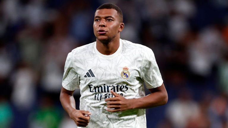 Real Madrid's Kylian Mbappe warms up for a La Liga soccer match. (Pablo Garcia/AP)