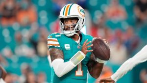 Miami Dolphins quarterback Tua Tagovailoa (1) throws before an NFL football game against the Buffalo Bills, Thursday, Sept. 12, 2024, in Miami Gardens, Fla. (Rebecca Blackwell/AP)