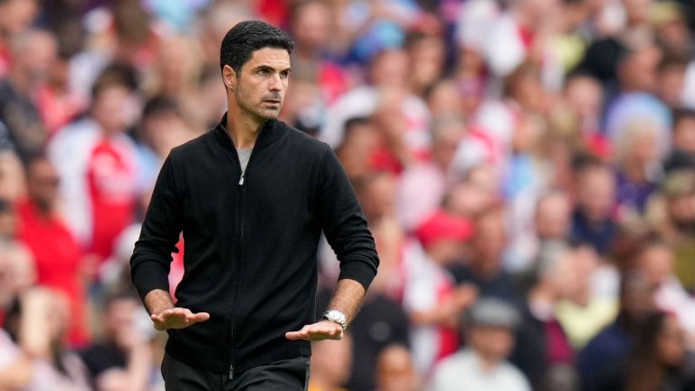 Arsenal's manager Mikel Arteta reacts during the English Premier League soccer match between Arsenal and Brighton, at Emirates Stadium in London, Saturday, Aug. 31, 2024. (Alastair Grant/AP)