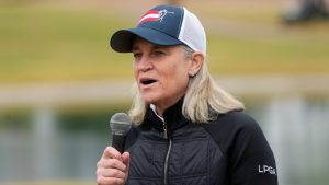 Mollie Marcoux Samaan, the ninth Commissioner of the LPGA, speaks to the gallery after the final round of the LPGA Ford Championship golf tournament Sunday, March 31, 2024. (Ross D. Franklin/AP)