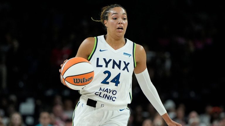 Minnesota Lynx forward Napheesa Collier plays against the Las Vegas Aces during a WNBA basketball game Wednesday, Aug. 21, 2024, in Las Vegas. (John Locher/AP Photo)