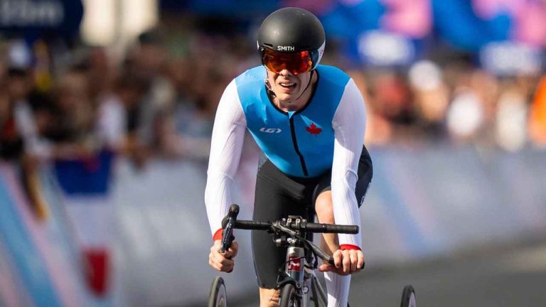 Nathan Clement competes in the men’s T1-2 individual time trial during the Paralympic Games in Paris, France. (Dave Holland/THE CANADIAN PRESS)