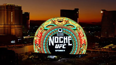 The-Sphere-in-Las-Vegas-with-Noche-UFC-graphics-displayed-on-the-exterior-of-the-venue