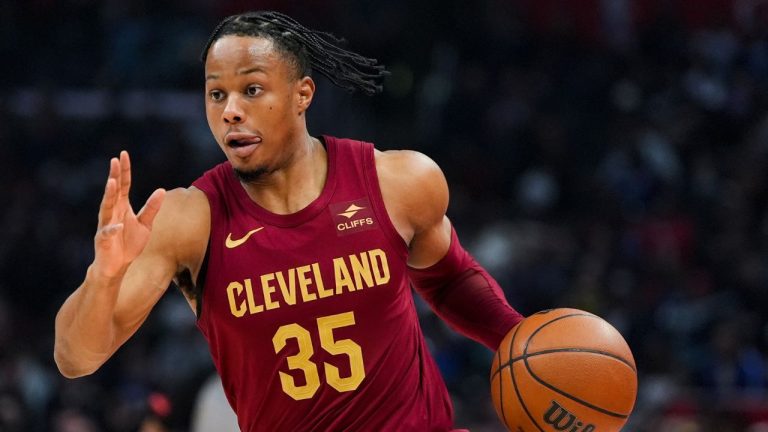 Cleveland Cavaliers forward Isaac Okoro drives during the first half of an NBA basketball game against the Los Angeles Clippers, Sunday, April 7, 2024, in Los Angeles. (Ryan Sun/AP Photo)