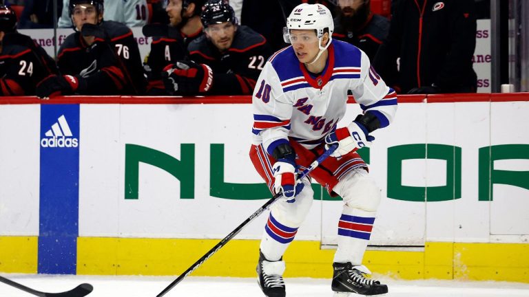 New York Rangers' Artemi Panarin (10) controls the puck against the Carolina Hurricane during the first period of an NHL hockey game in Raleigh, N.C., Tuesday, March 12, 2024. (Karl B DeBlaker/AP Photo)