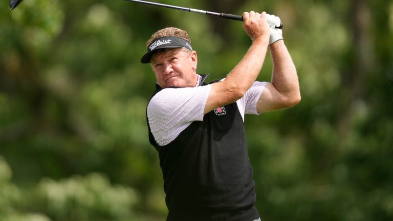 Paul Broadhurst hits off the third tee during the first round of the Champions Tour Principal Charity Classic golf tournament, Friday, May 31, 2024, in Des Moines, Iowa. (AP/Charlie Neibergall)