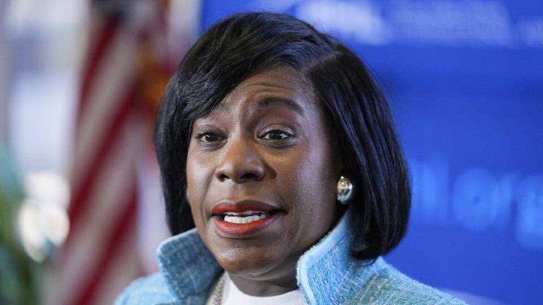 FILE - Philadelphia Mayor Cherelle Parker speaks at at Philadelphia International Airport in Philadelphia. (AP Photo/Matt Rourke, File)