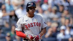 Boston Red Sox's Rafael Devers reacts during the fifth inning of a baseball game against the New York Yankees Sunday, Sept. 15, 2024, in New York. (Adam Hunger/AP Photo)