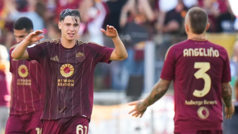 Roma's Niccolo Pisilli reacts after he scored during the Serie A soccer match between Roma and Venezia, in Rome, Italy, Sunday, Sept. 29, 2024. (Alessandra Tarantino/AP Photo)