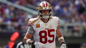 San Francisco 49ers tight end George Kittle (85) moves toward the sidelines during the second half of an NFL football game against the Minnesota Vikings, Sunday, Sept. 15, 2024 in Minneapolis. Minnesota won 23-17. (Stacy Bengs/AP)