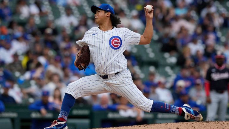 Chicago Cubs starting pitcher Shota Imanaga, of Japan, throws against the Washington Nationals during the first inning of a baseball game in Chicago, Sunday, Sept. 22, 2024. (AP/Nam Y. Huh)