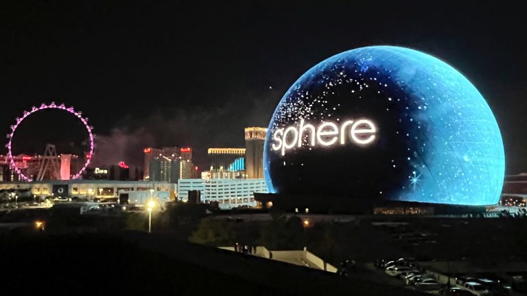 The Sphere is seen illuminated on July 4, 2023, in Las Vegas. The venue bills itself as the largest spherical structure in the world. (James Schaeffer/Las Vegas Review-Journal via AP)