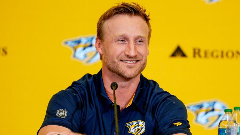 Nashville Predators forward Steven Stamkos speaks during an introductory news conference at the NHL team's training facility Tuesday, July 16, 2024, in Nashville, Tenn. (AP Photo/George Walker IV)