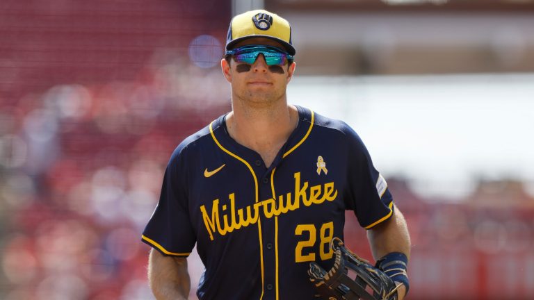 Milwaukee Brewers right fielder Brewer Hicklen runs off the field against the Cincinnati Reds during the third inning of a baseball game Sunday, Sept. 1, 2024, in Cincinnati. (Jay LaPrete/AP)