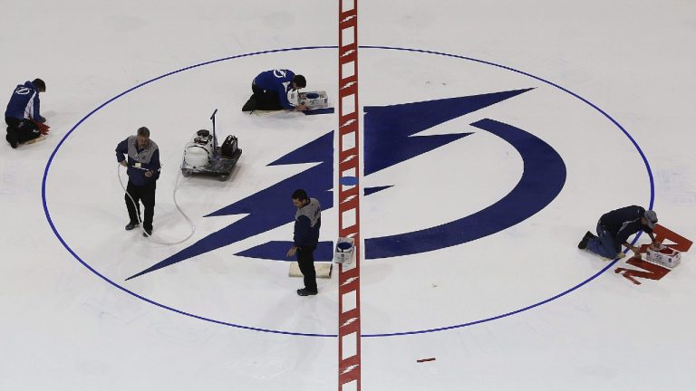 The Tampa Bay Lightning logo at Amalie Arena. (Octavio Jones/The Tampa Bay Times via AP)