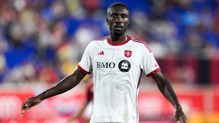 Toronto FC forward Prince Osei Owusu during an MLS soccer match against the New York Red Bulls, Saturday, June 22, 2024, in Harrison, N.J. The Red Bulls won 3-0. (AP Photo/Julia Nikhinson)