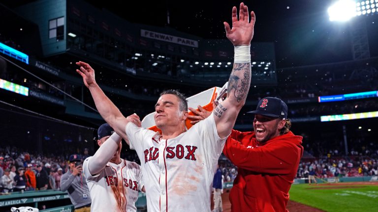 Boston Red Sox's Tyler O'Neill celebrates after his game-winning three-run home run in the bottom of the 10th inning of a baseball game against the Baltimore Orioles at Fenway Park, Wednesday, Sept. 11, 2024, in Boston. (Charles Krupa/AP)