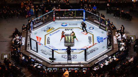 Two-fighters-compete-in-a-mixed-martial-arts-bout-during-a-UFC-event