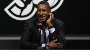 Toronto Raptors President Masai Ujiri speaks to the media in Toronto, Monday, Sept. 30, 2024. (Chris Young/CP)