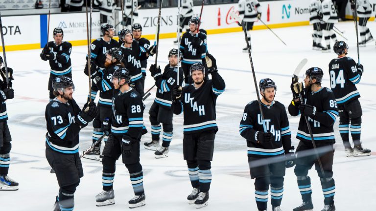 The Utah Hockey Club celebrates their win over the Los Angeles Kings in overtime in a pre-season NHL hockey game, Monday, Sept. 23, 2024, in Salt Lake City. (Spenser Heaps/AP)