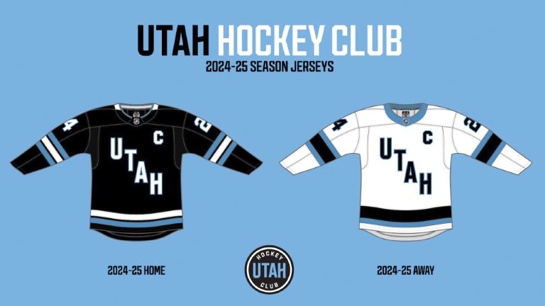 This rendering provided by the Utah Hockey Club, shows the new NHL team's home and away uniform. Utah Hockey Club will be the name of the NHL team playing its games in Salt Lake City beginning this fall, with a long-term identity still to come. Smith Entertainment Group announced the move Thursday, June 13, 2024, and unveiled the initial logos and jerseys that will be used in 2024-25 season. (Utah Hockey Club via AP)