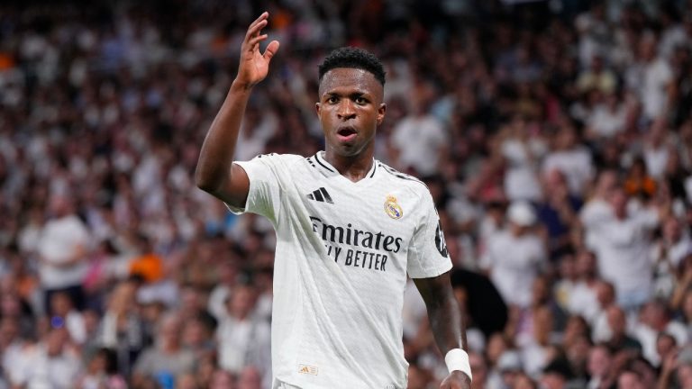 Real Madrid's Vinicius Junior gestures during a Champions League game. (Manu Fernandez/AP)